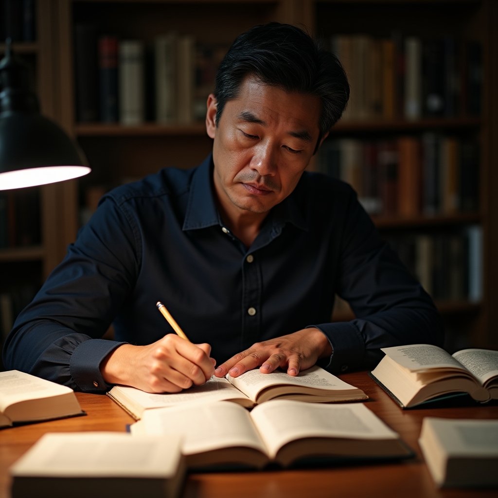 Man in his early 40s at a university library desk, surrounded by open psychology and economics textbooks, making notes in focused concentration