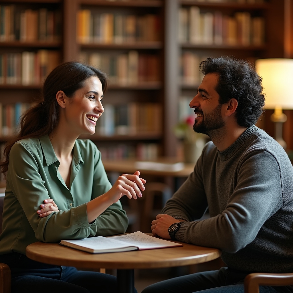 Two people in their 30s having an engaged professional conversation across a small table, warm library setting with books in background, natural light